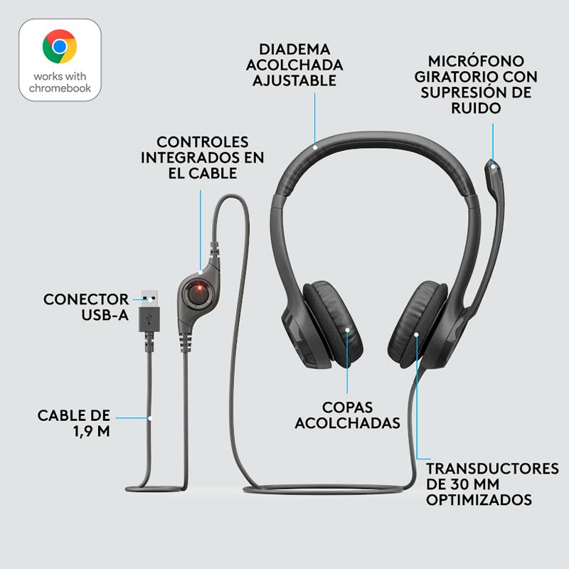 Audifonos tipo Headset Logitech H390 USB con Micrófono Negro