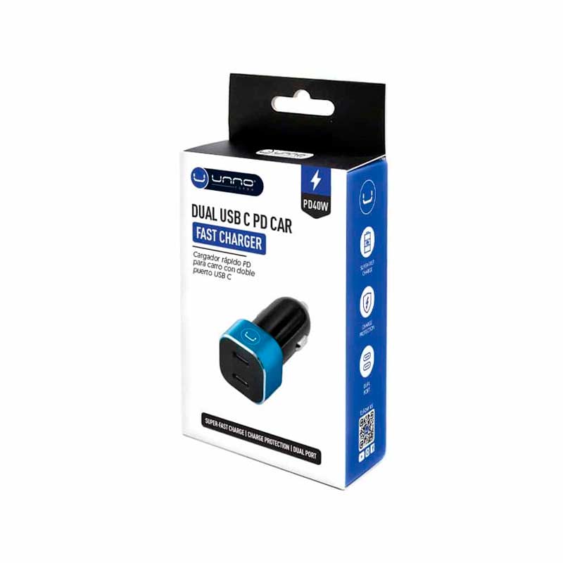 Cargador Unno Tekno para Carro Dual USB-C 40W Negro/Celeste
