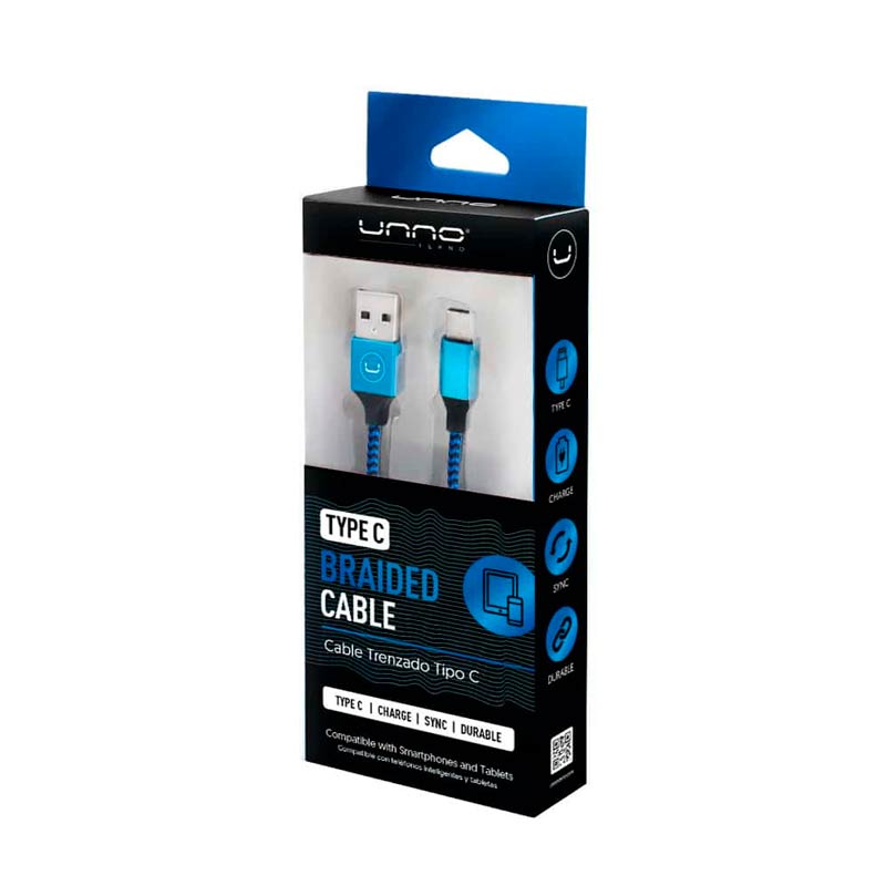 Cable USB a USB-C UnnoTekno CB4061BL 1.5 Metros Trenzado Azul