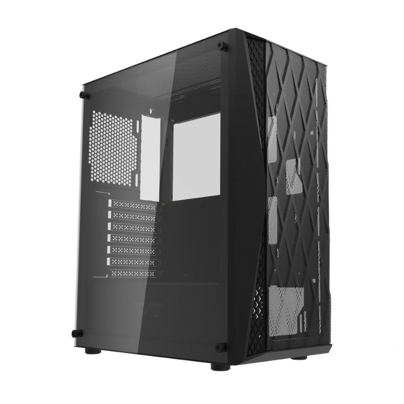 Case DarkFlash DK352 Mesh ATX Mid Tower con 4 ventiladores ARGB, panel lateral de vidrio templado negro.
