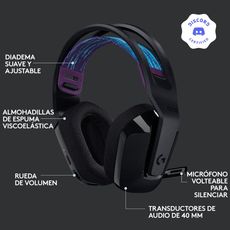 Audifonos tipo Headset Logitech G535 Lightspeed USB 3.5mm con Micrófono Negro