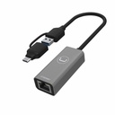 Adaptador Unno Tekno 2 en 1 USB 3.0 a Ethernet Gigabit AD3007GY USB-C y USB-A RJ45 Gris